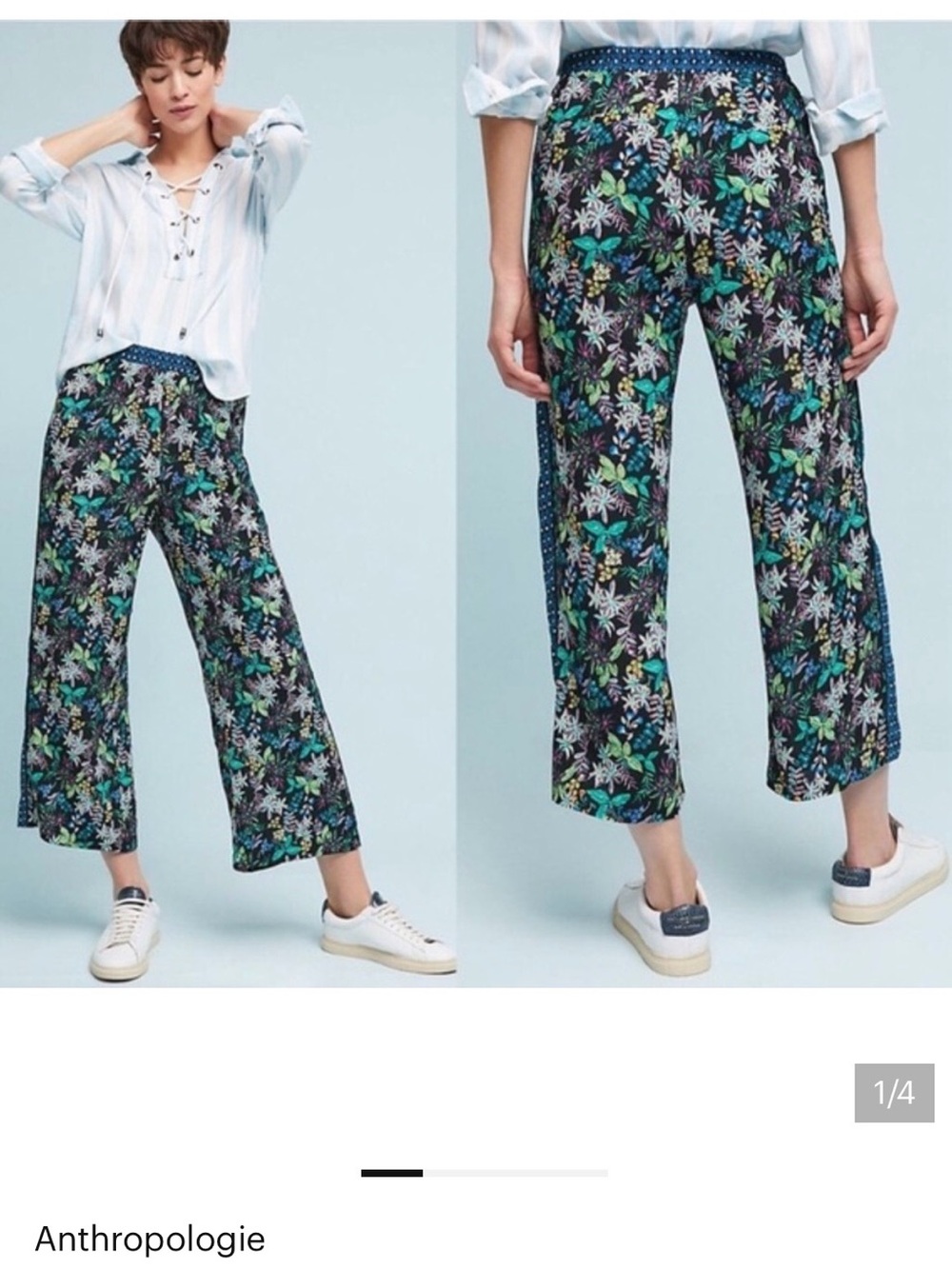 Anthropologie Navy Tropical-Print Wide Leg Crop Pants